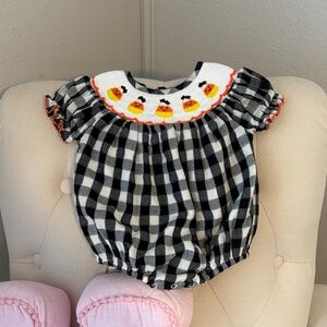 Smocked Candy Corn Gingham Baby Bubble - Black & White